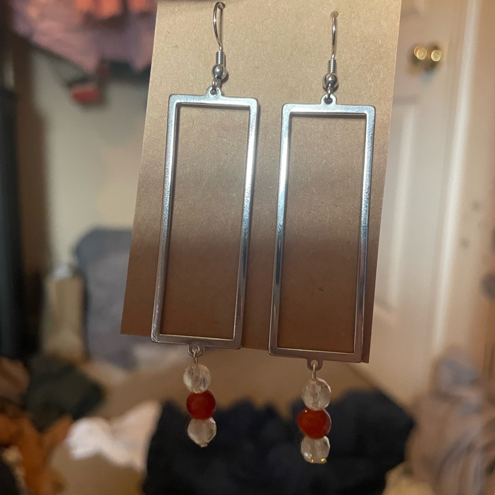 Silver and Red Geometric Earrings